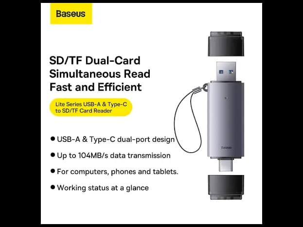 Baseus USB-A & Type-C Lite Series Card Reader SD/TF Grey- WKQX060113- 6 Months Warranty (2)