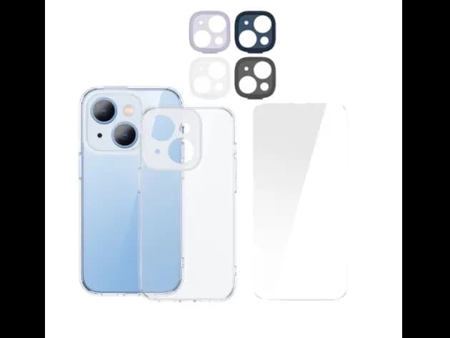 Baseus Illusion Series iP 14 Plus Protective Case for (With clear/Black/Blue/Purple Camera Lens Frames and Full Coverage Tempered Glass Screen Protector and Cleaning kit)- ARHJ010002