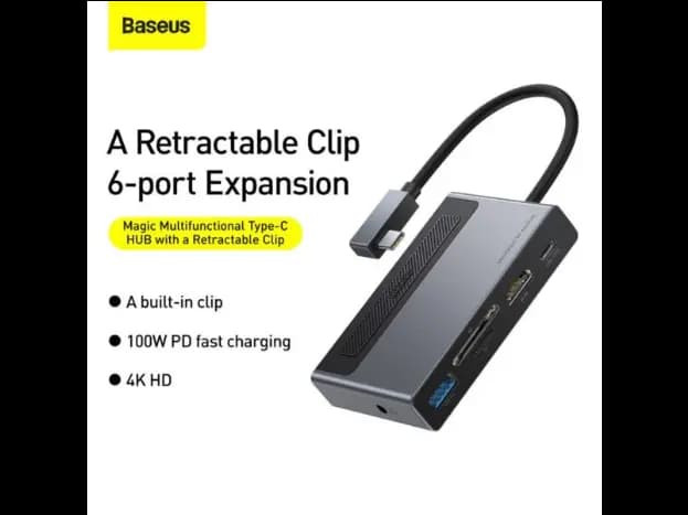Baseus 6 in 1 Magic Multifunctional Type-C HUB with a Retractable Clip Standard Edition Space Gray (Type C to USB3.0*1 / HDMI*1 / 3.5MM Sterio *1 / SD & TF*1 / PD*1) – compatibe with Tabs / Notebooks (4)