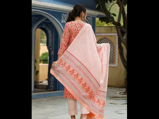 Peach-Coloured Ethnic Motifs Printed Kurta with Trousers & With Dupatta (3)