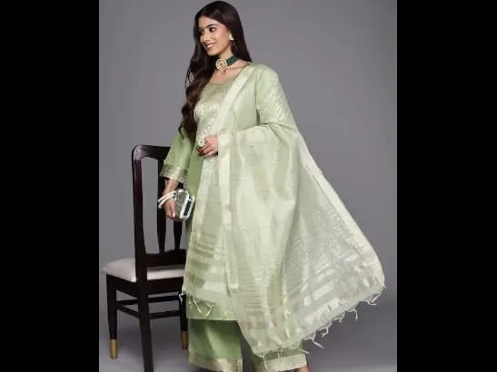 Yoke Design Zari Pure Cotton Kurta With Palazzos & Dupatta