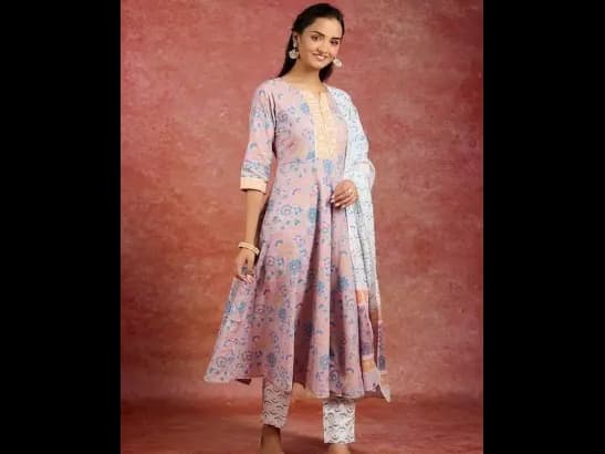 Floral Printed Empire Gotta Patti Pure Cotton Kurta With Trousers & Dupatta