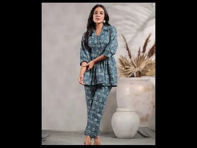 Floral Printed Pleated A-Line Pure Cotton Kurti With Trousers