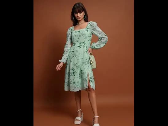 Green Floral Printed Square Neck Puff Sleeves Split Hem A-Line Dress
