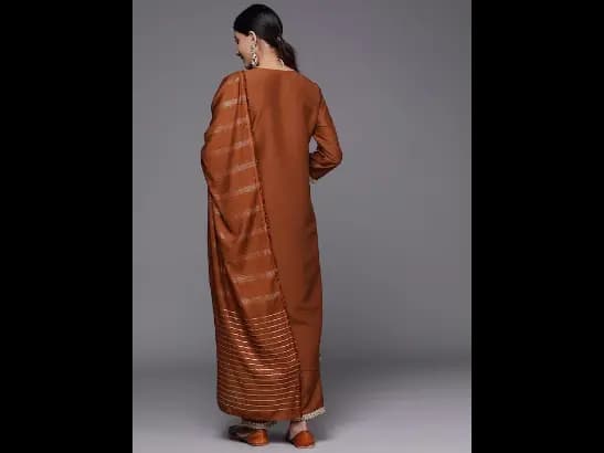 Brown Embroidered Sequinned Kurta with Trousers & With Dupatta (7)