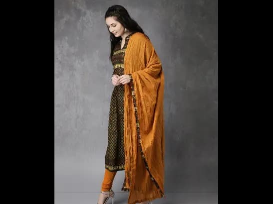 Olive Green & Mustard Brown Printed Kurta with Churidar & Dupatta (2)