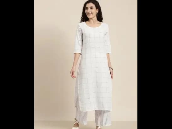 Off-White & Black Checked Straight Kurta With Striped Palazzos (3)