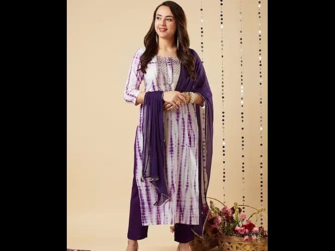 Abstract Printed Thread Work Kurta With Trousers & Dupatta