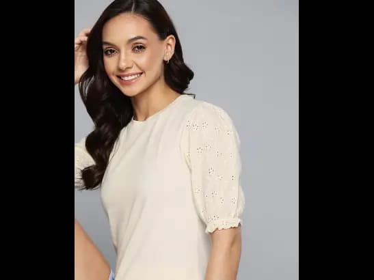 Cream-Coloured Solid Schiffli Detail Top (2)