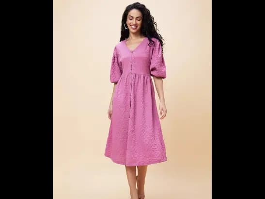 Lavender Self Design V-Neck Smocked Fit and Flare Midi Dress