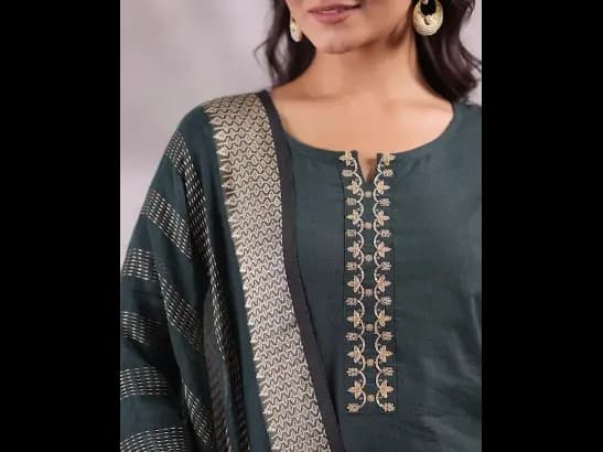 Ethnic Motifs Emrboidered Sequined Pure Cotton Kurta with Trousers & Dupatta (4)