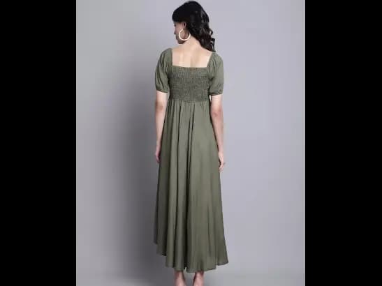 Square Neck Puff Sleeves Smocked Fit & Flare Midi Dress (3)