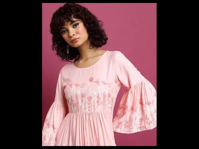 Pink Floral Printed Bell Sleeve Pleated A-Line Midi Dress