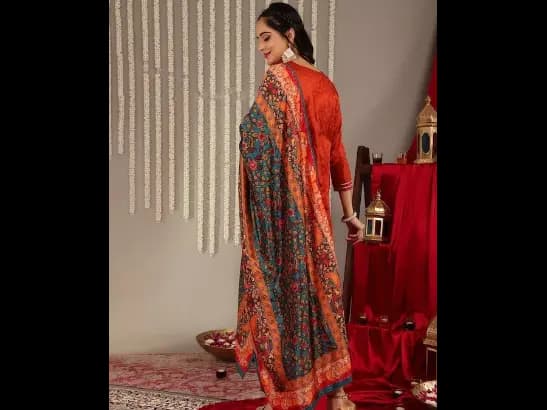 Rust Yoke Design Kurta with Trousers & With Dupatta (6)