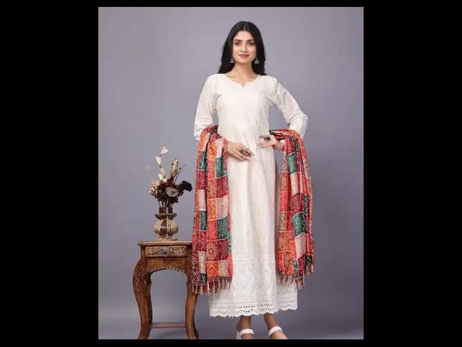Ethnic Motifs Embroidered Cotton Maxi Dress With Dupatta