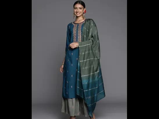 Blue Ethnic Motifs Yoke Design Thread Work Kurta with Sharara & With Dupatta