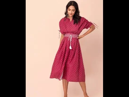 X Shraddha Kapoor Maroon Bandhani Pleated A-line Kurta with Attached Kurta