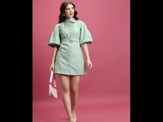 Green Puff Sleeves Shirt Mini Dress