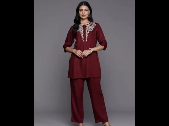 Women Floral Yoke Embroidered Pashmina Tunic with Trousers