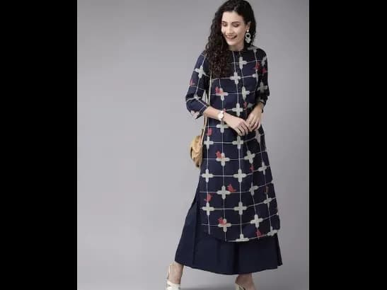Navy Blue & Beige Printed Kurta with Palazzos (2)