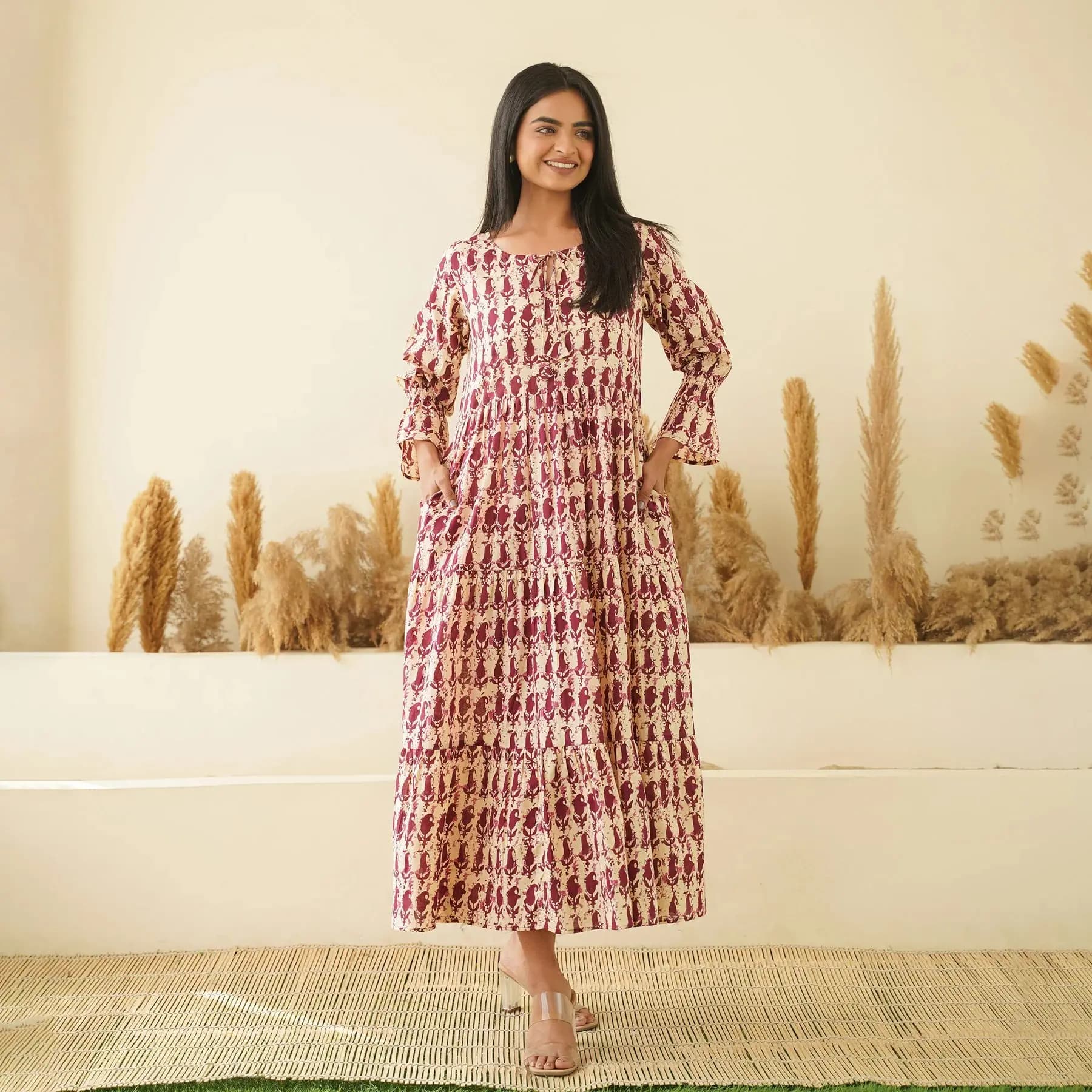 MAROON KERY BLOCK PRINT MOM AND DAUGHTER TIERED COTTON DRESSES (3)