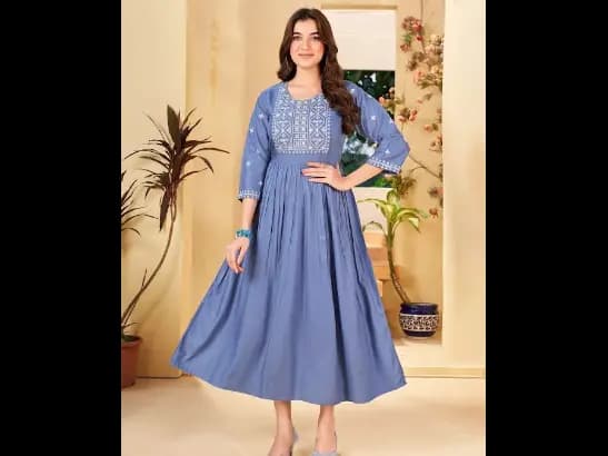 Ethnic Motifs Embroidered Round Neck Embellished Fit & Flare Midi Ethnic Dress
