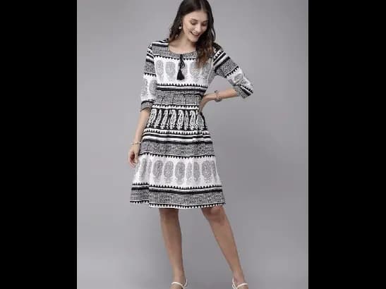 White & Black Ethnic Motifs Printed Pure Cotton Gathered A-Line Dress with Pocket