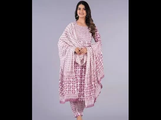 Geometric Printed Pure Cotton Kurta with Salwar & Dupatta