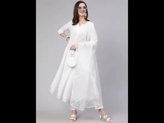 White Round Neck White Regular Self Design Thread Work Kurta SET