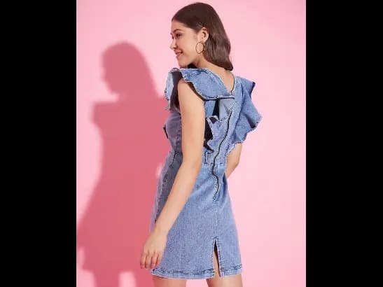 Blue V-Neck Ruffled Denim Sheath Dress (4)