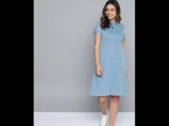 Women Blue Self-Striped Shirt Dress (3)