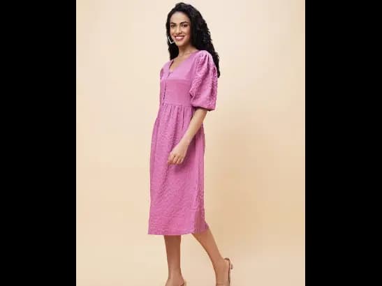Lavender Self Design V-Neck Smocked Fit and Flare Midi Dress (3)