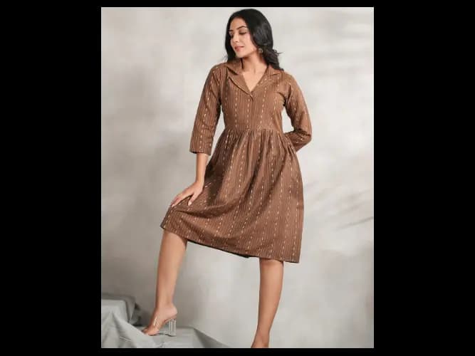 Self Design Shirt Collar A-Line Dress (2)