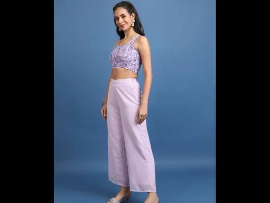Lavender Printed Crop Top & Jacket With Palazzos (3)