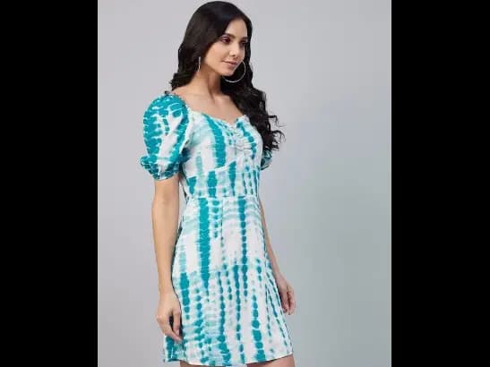 Blue & White Tie and Dye Dyed Crepe A-Line Dress (3)