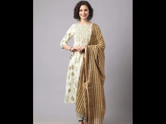 Lime Green Ethnic Motifs Printed Pleated Kurta with Trousers & With Dupatta