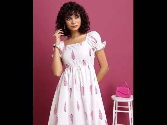 White Ethnic Motif Printed PuffSleeve Fit & Flare Dress