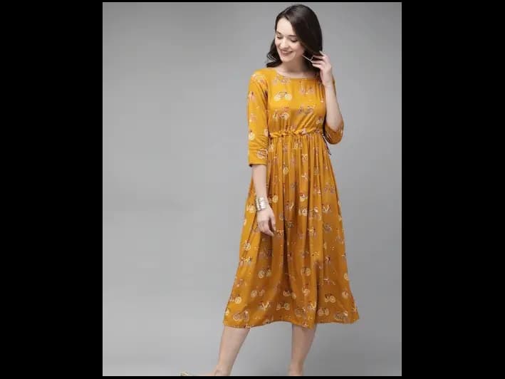 Mustard Yellow Printed A-Line Kurta