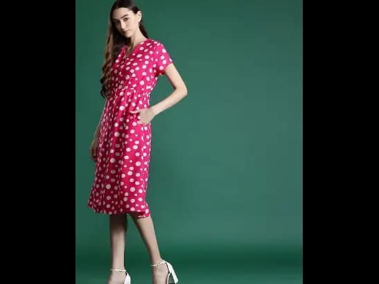 Polka Dot Print Crepe A-Line Midi Dress