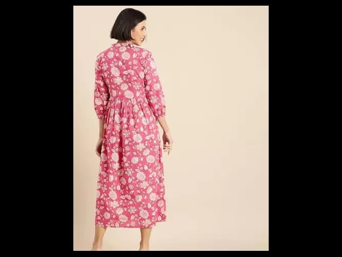 Women Pink & White Floral Printed Gathered Ethnic A-Line Midi Dress (4)