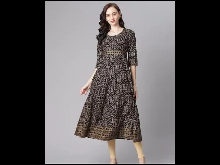 Black & Golden Pure Cotton Ethnic Motifs Printed A-Line Kurta