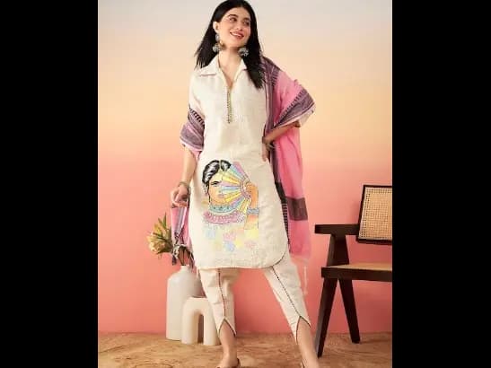 Off White Ethnic Motifs Self Design Thread Work Pure Cotton Pathani Kurta Sets
