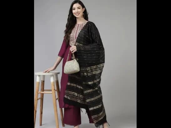 Purple & Gold Striped Yoke Thread Work Liva Straight Kurta Trousers & Dupatta