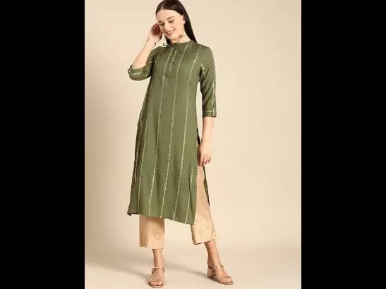 Olive Green & Gold-toned Geometric Foil Printed Kurta