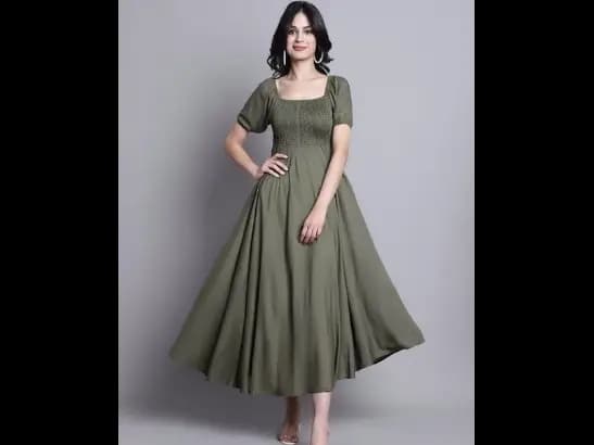 Square Neck Puff Sleeves Smocked Fit & Flare Midi Dress