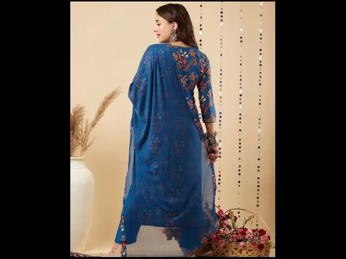 Floral Printed Regular Mirror Work Kurta with Trousers & Dupatta (3)