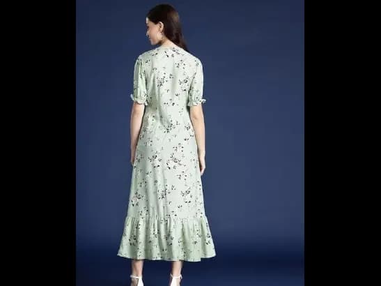 Floral Print Puff Sleeves A-Line Midi Dress (3)