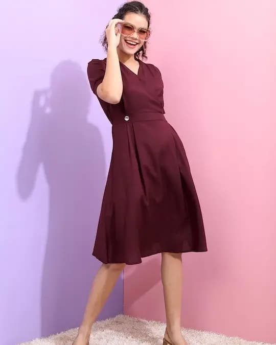 Burgundy solid woven wrap dress (2)