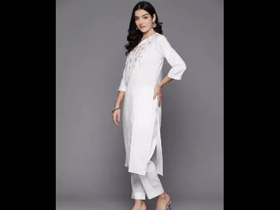 Floral Embroidered Thread Work Pure Cotton Kurta with Trousers (2)