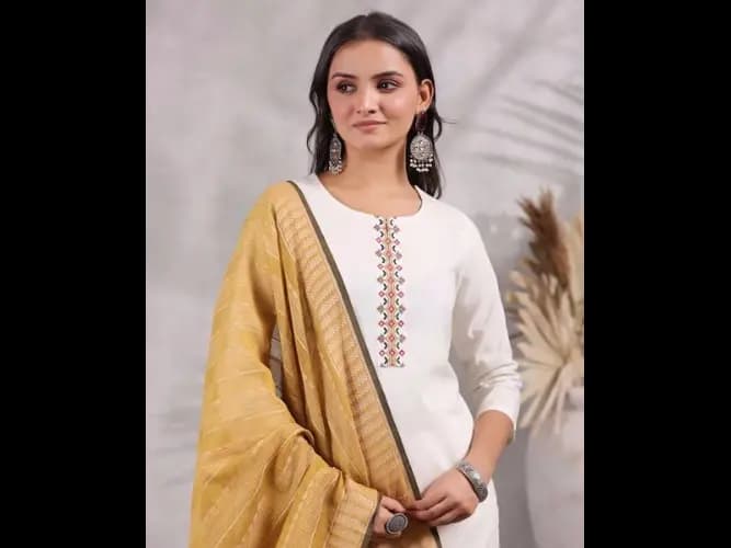 Thread Work Straight Pure Cotton Kurta with Trousers & Dupatta (2)